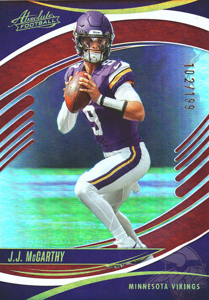 2025 Panini Absolute Hobby Red /199 J.J. McCarthy #100 Minnesota Vikings