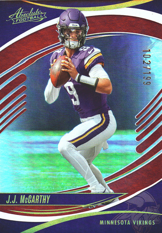 2025 Panini Absolute Hobby Red /199 J.J. McCarthy #100 Minnesota Vikings
