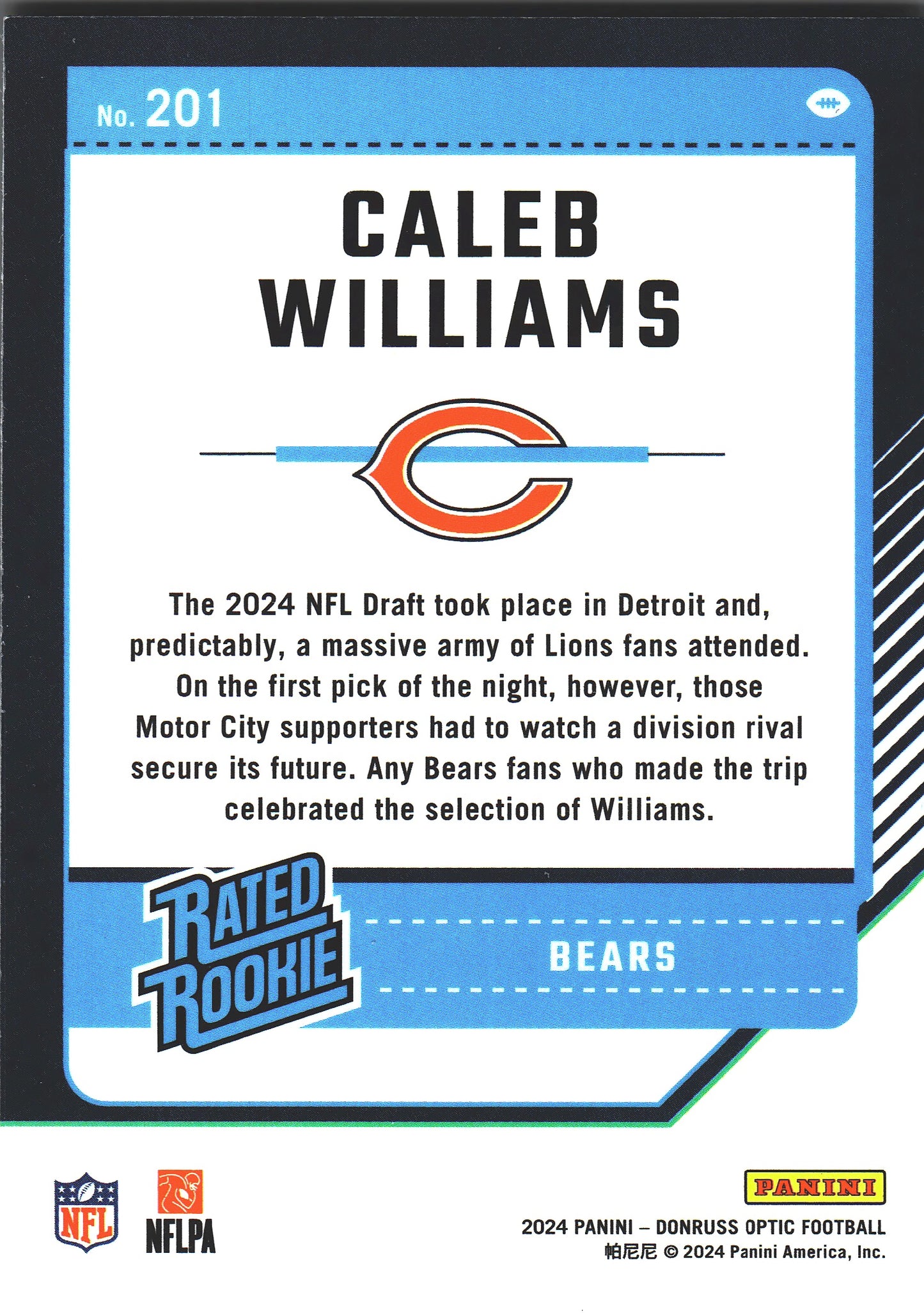 2024 Panini Donruss Optic Rated Rookie Caleb Williams RC #201 Chicago Bears