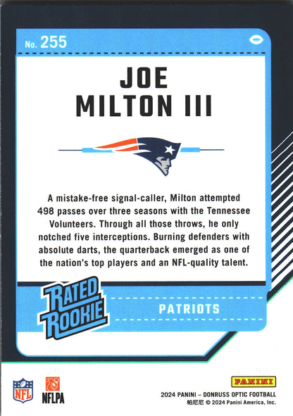 2024 Panini Donruss Optic Rated Rookie Joe Milton III RC #255 New England Patriots