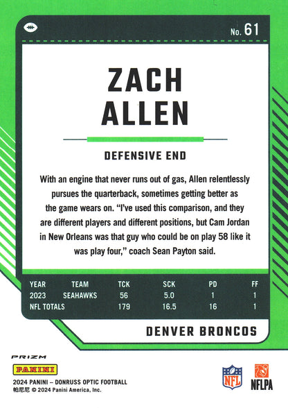 2024 Panini Donruss Optic Silver Holo Zach Allen #61 Denver Broncos
