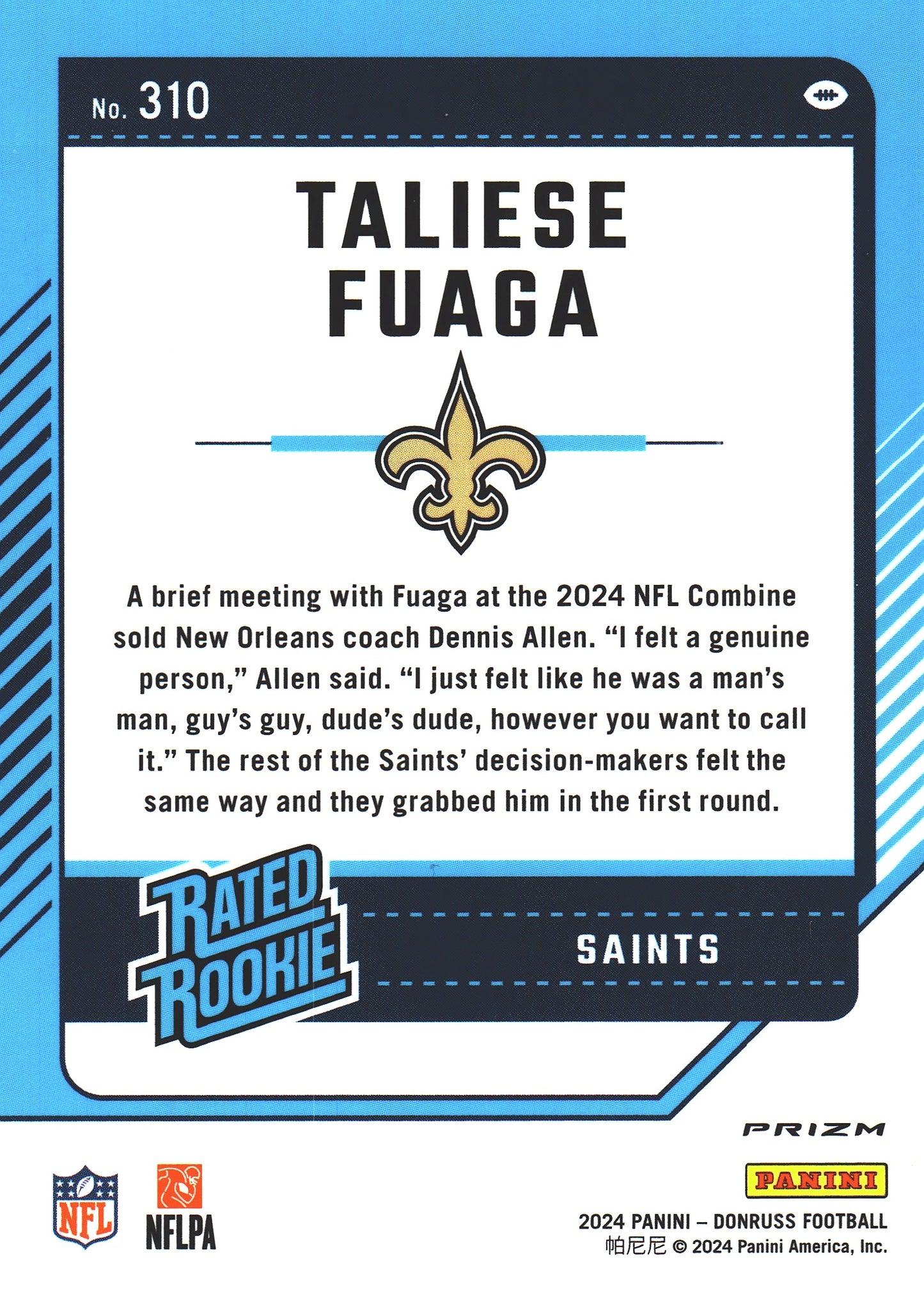 2024 Panini Donruss Optic Rated Rookie Red Wave Taliese Fuaga RC #310 New Orleans Saints