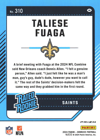 2024 Panini Donruss Optic Rated Rookie Red Wave Taliese Fuaga RC #310 New Orleans Saints