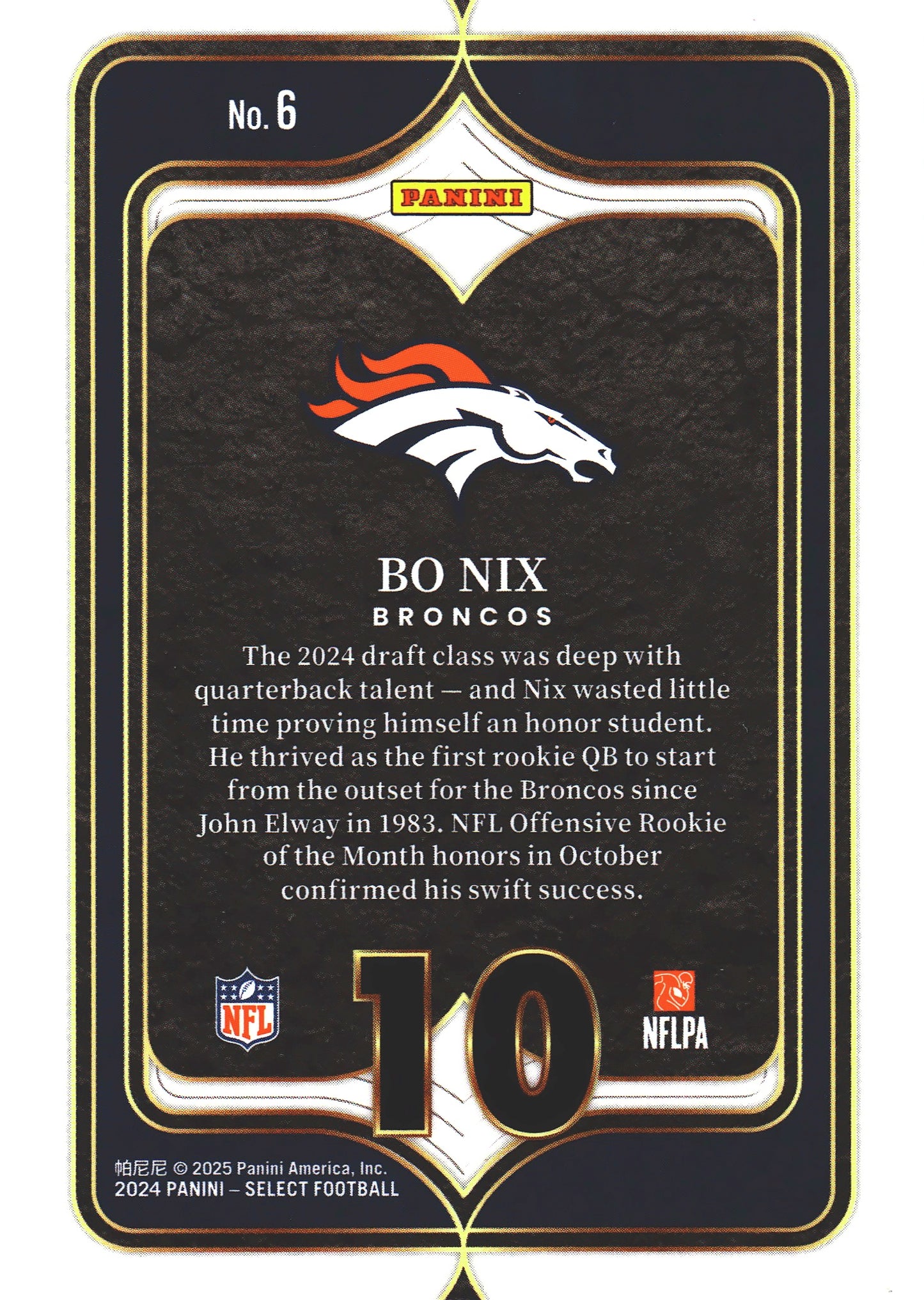 2024 Panini Select Numbers Bo Nix RC #6 Denver Broncos