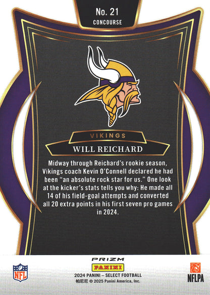 2024 Panini Select Silver Prizm Will Reichard RC #21 Minnesota Vikings