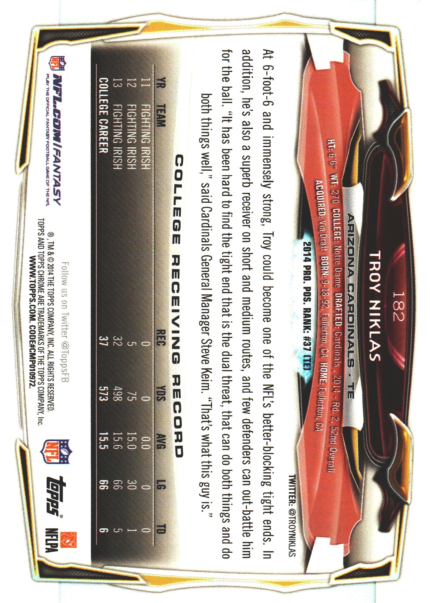 2014 Topps Chrome NFL Troy Niklas RC #182 Arizona Cardinals