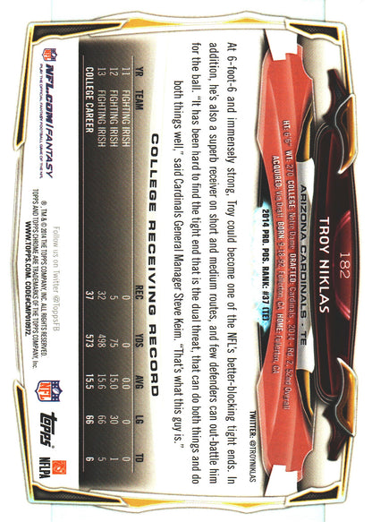 2014 Topps Chrome NFL Troy Niklas RC #182 Arizona Cardinals