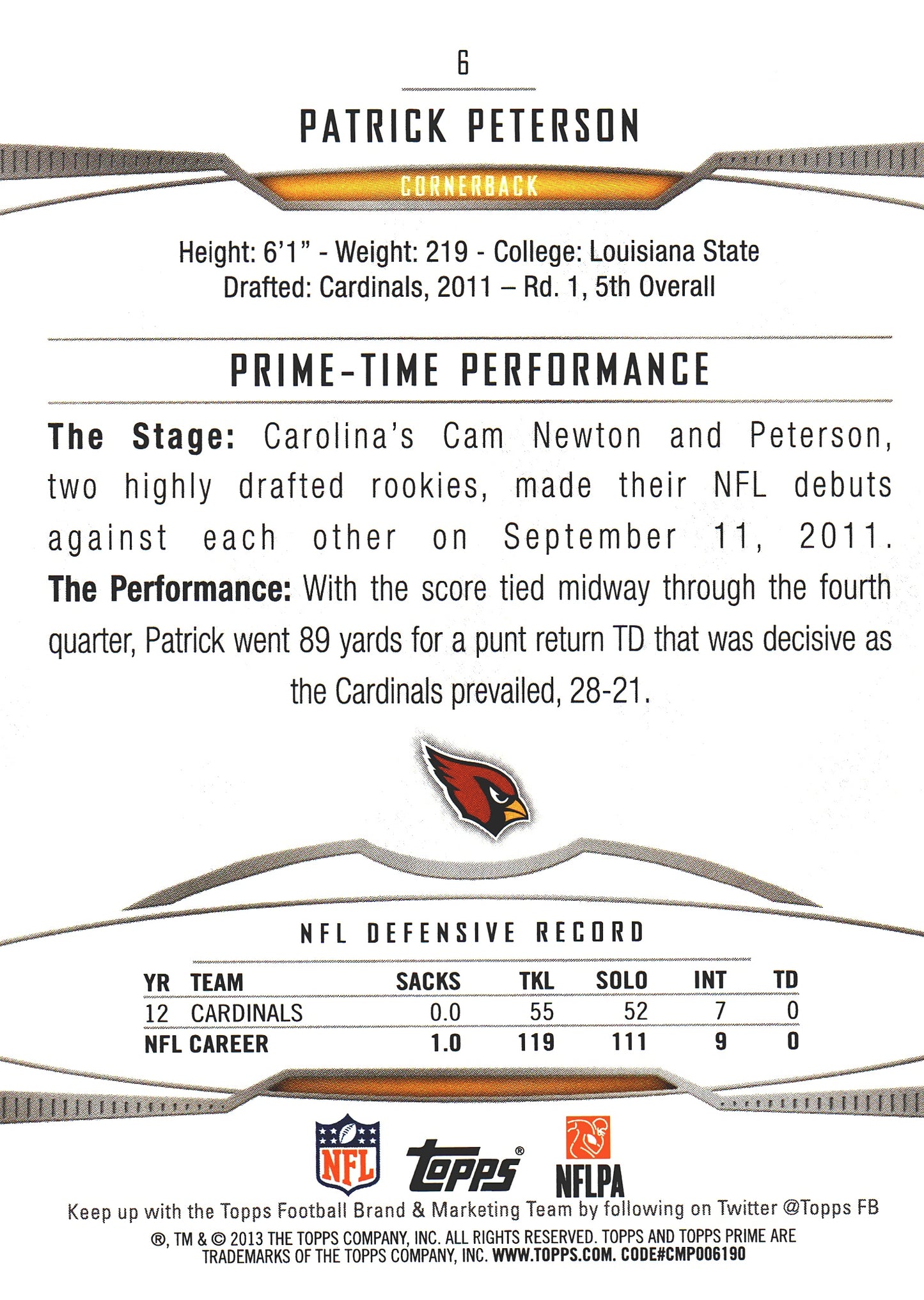 2013 Topps Prime Patrick Peterson #6 Arizona Cardinals