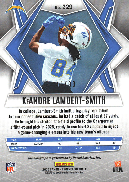2025 Panini Phoenix KeAndre Lambert-Smith RC Auto Red /99 #229 Los Angeles Chargers