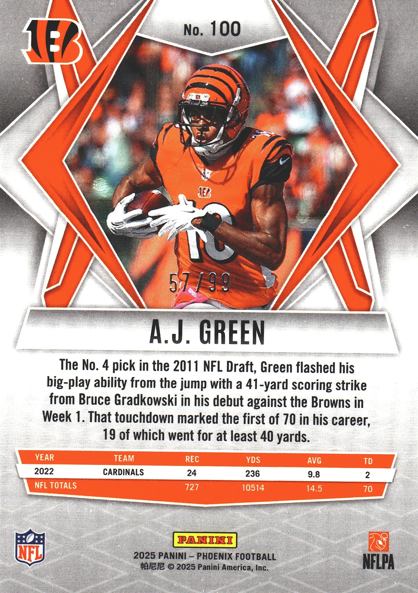 2025 Panini Phoenix AJ Green Red /99 #100 Cincinnati Bengals