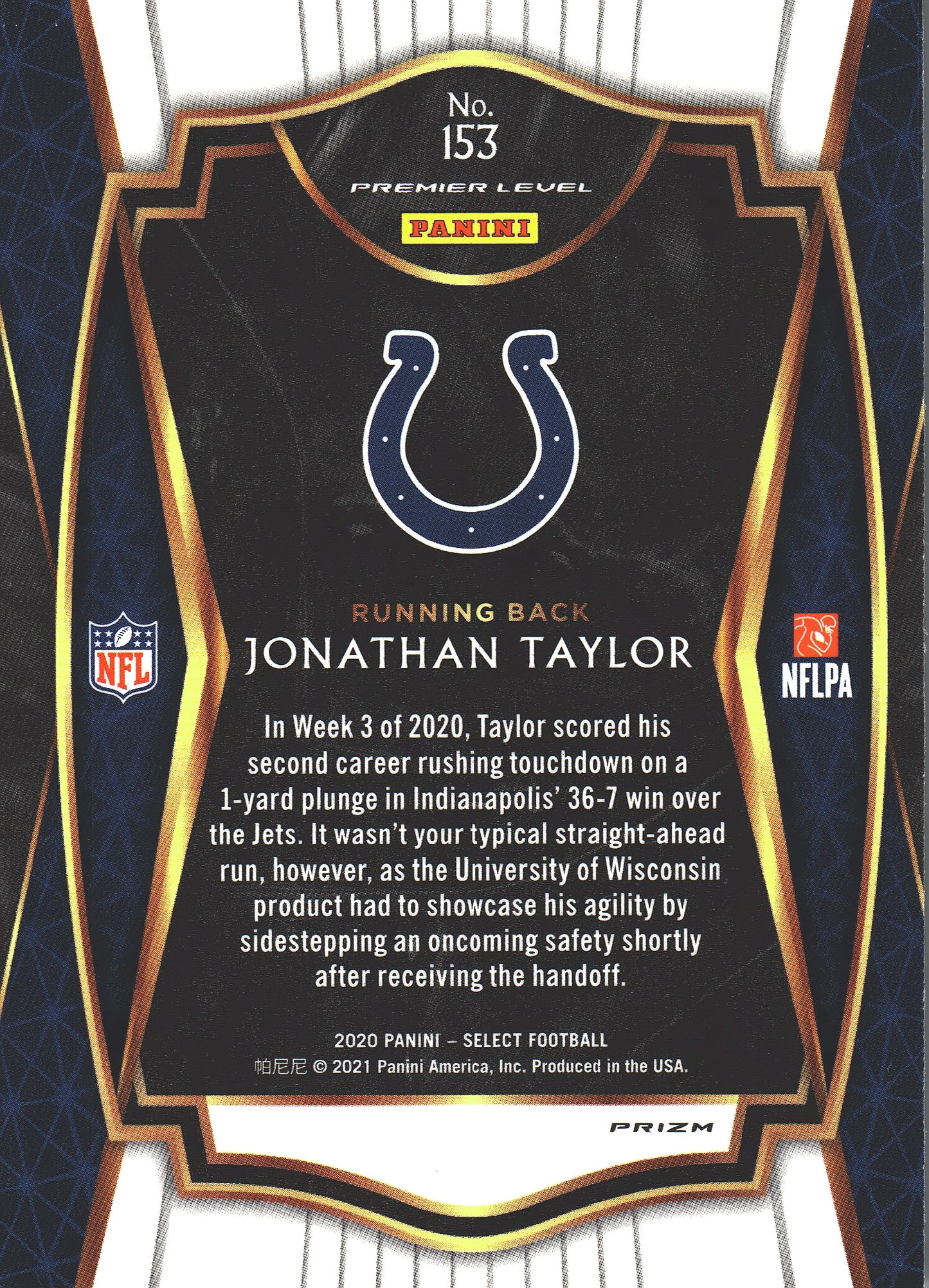 2020 Panini Select Silver Prizm Jonathan Taylor RC #153 Indianapolis Colts