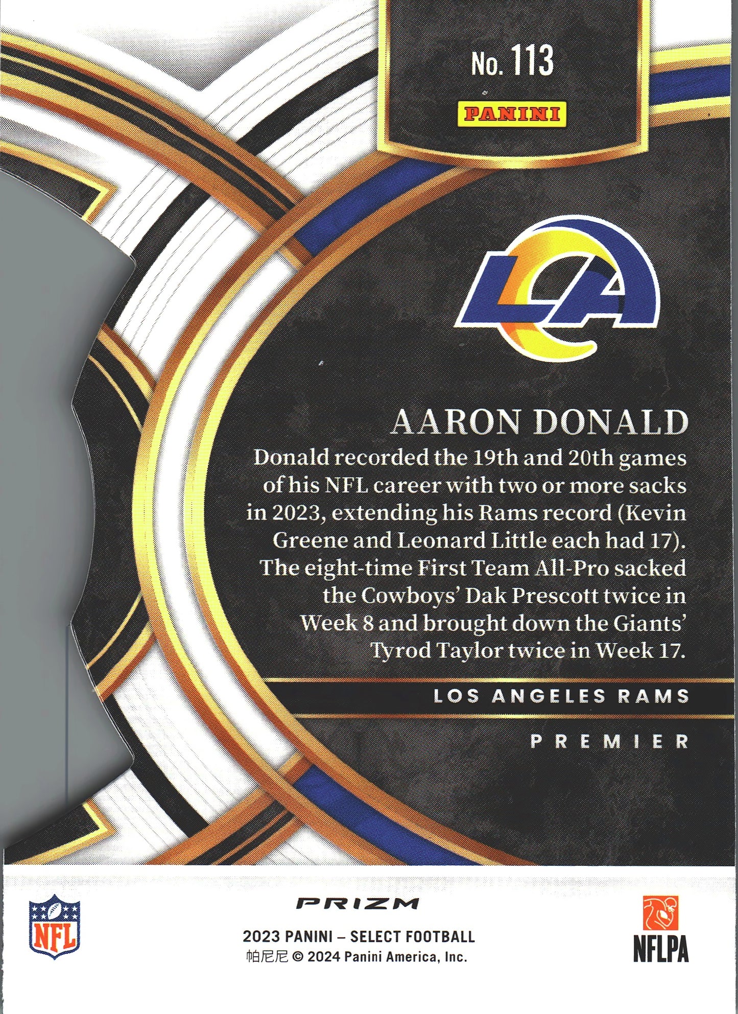 2023 Panini Select Die-Cut Green & Black Aaron Donald Premier #113 Los Angeles Rams