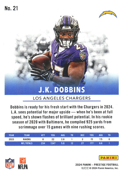 2024 Panini Prestige J.K. Dobbins #21 Los Angeles Chargers