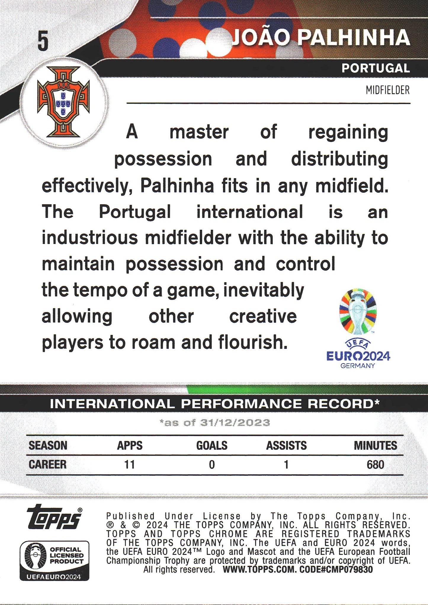 2024 Topps Chrome Euro 2024 Joao Palhinha Orange /25 #5 Portugal