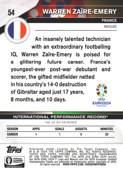 2024 Topps Chrome Sapphire Euro 2024 Warren Zaïre-Emery Gold /50 National Debut RC #54 France