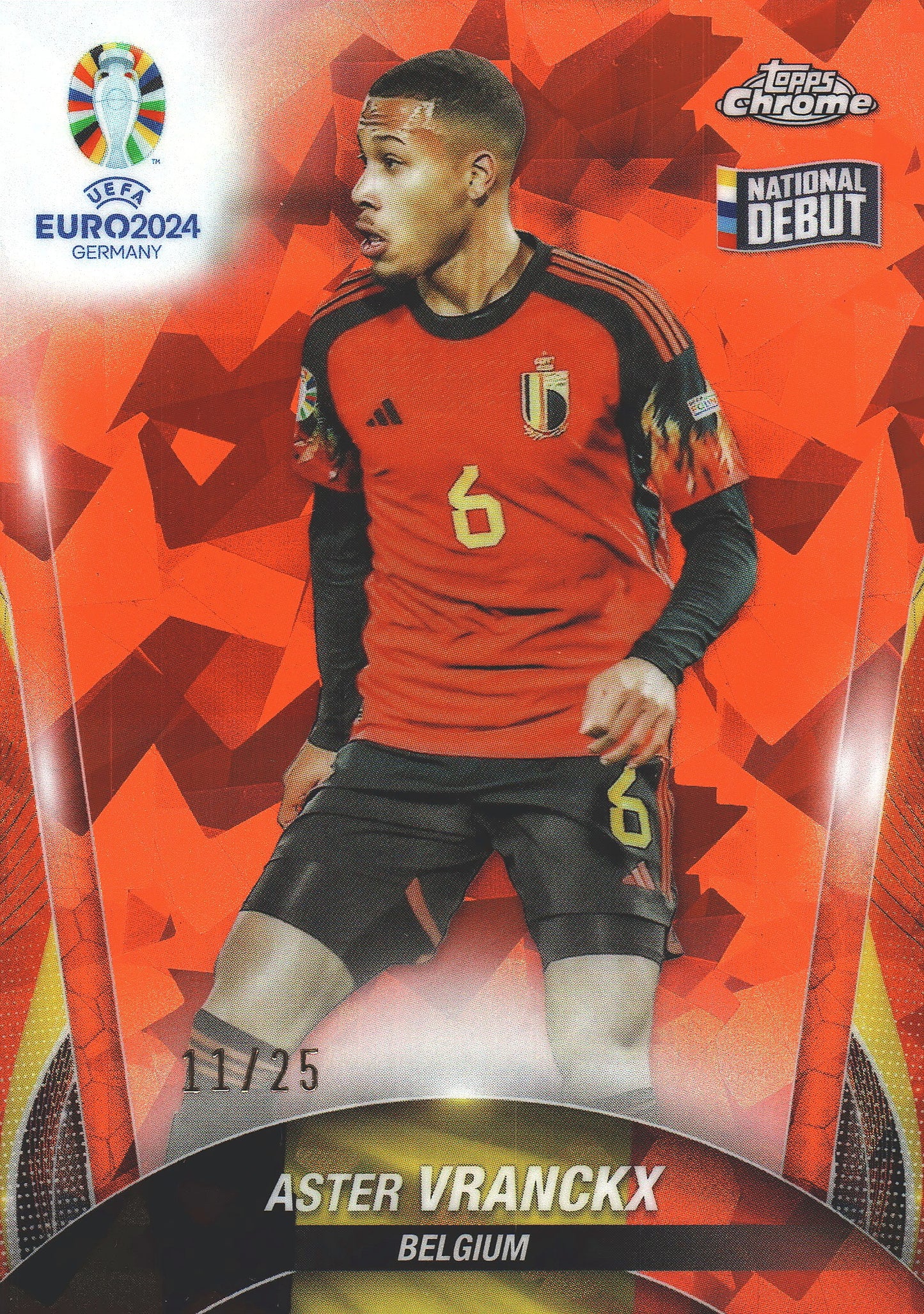 2024 Topps Chrome Sapphire Euro 2024 Aster Vranckx Orange /25 National Debut RC #55 Belgique