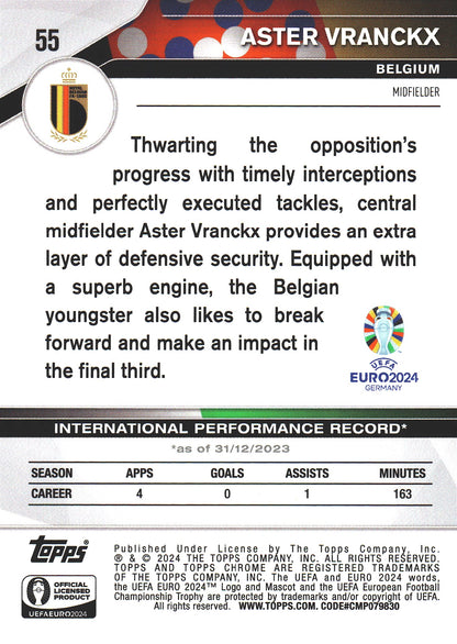 2024 Topps Chrome Sapphire Euro 2024 Aster Vranckx Orange /25 National Debut RC #55 Belgique