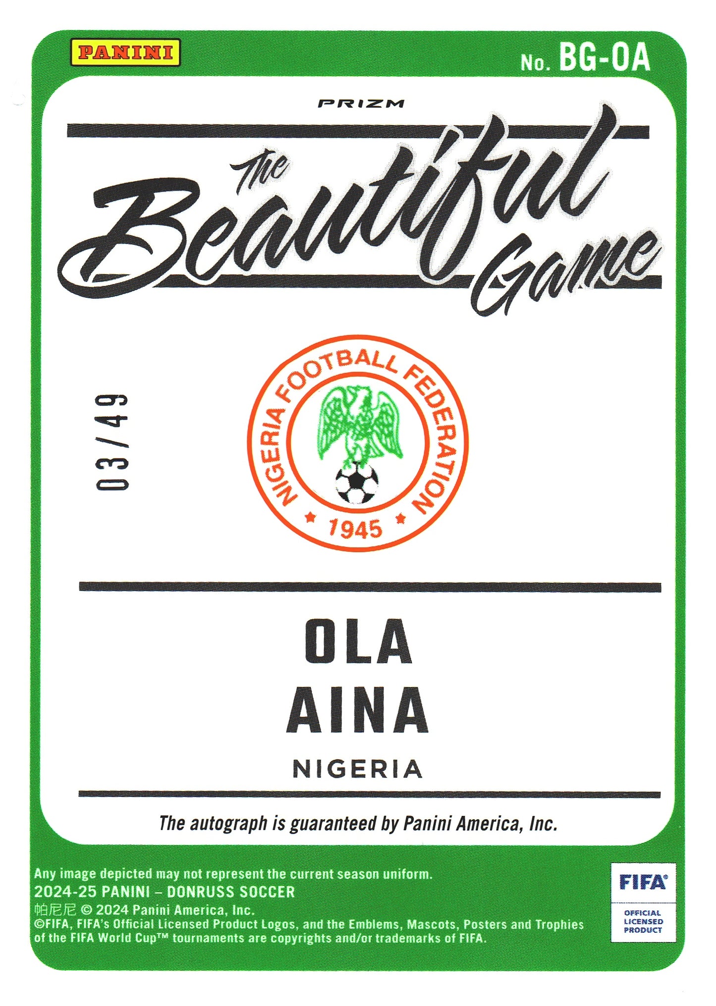 2024 Panini Donruss Optic FIFA Ola Aina Auto The Beautiful Game Red /49 #BG-OA Nigeria