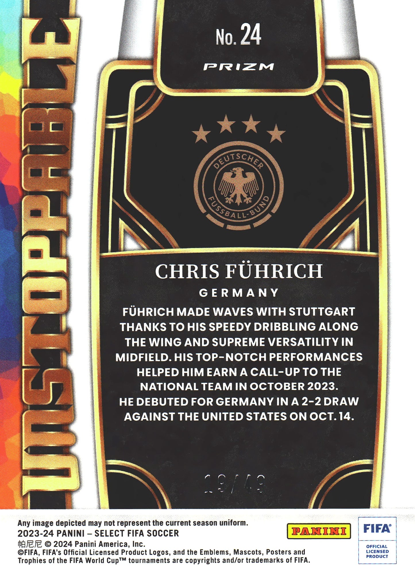 2023 Panini Select FIFA Chris Fuhrich RC Tie Dye /25 Unstoppable #24 Allemagne