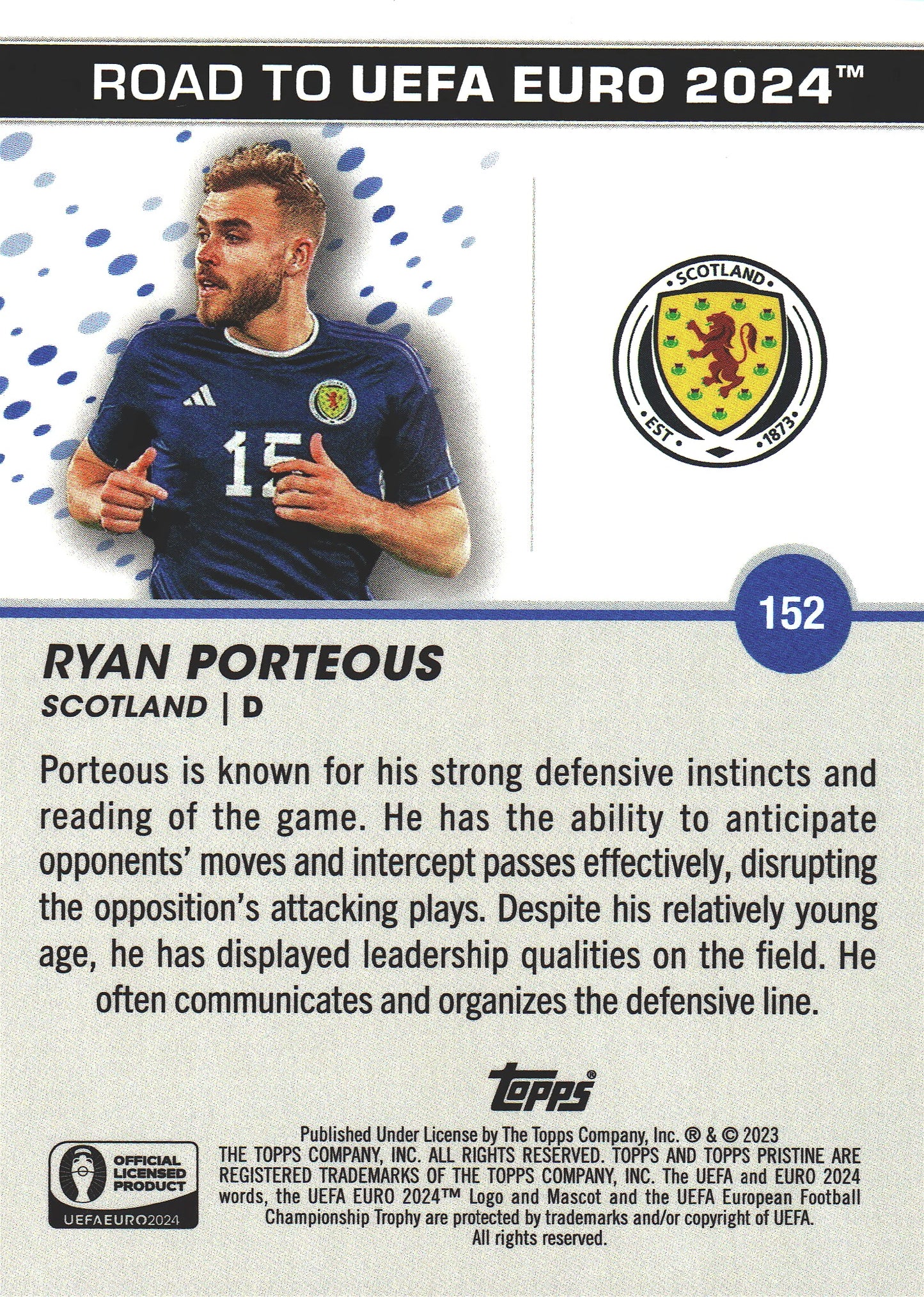 2023 Topps Pristine Road To Euro 2024 Ryan Porteous Purple /99 National Debut #152 Ecosse