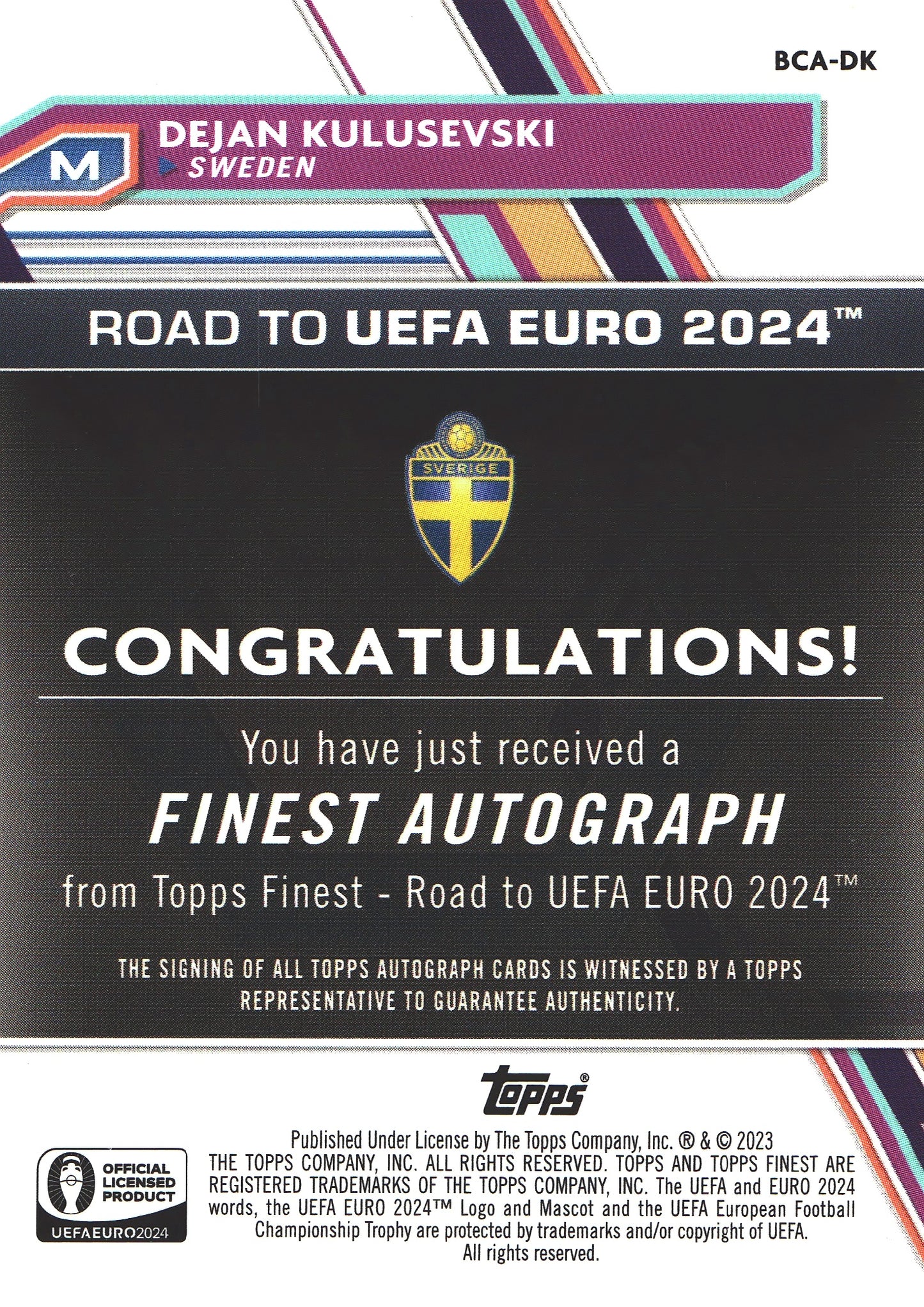 2023 Topps Finest Euro 2024 Dejan Kulusevski Auto #BCA-DK Suede