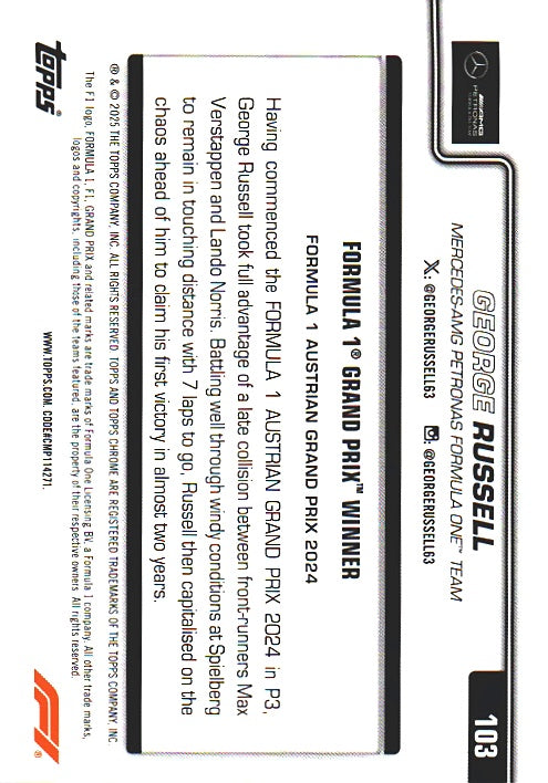 2025 Topps Chrome Formula 1 George Russell GPW #103 Mercedes-AMG Petronas Formula One Team
