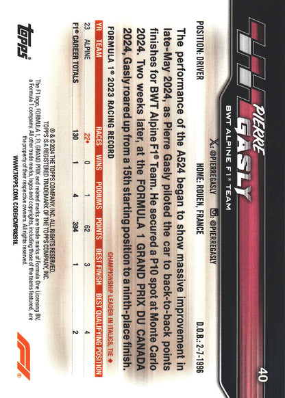 2024 Topps Chrome Formula 1 Pierre Gasly Chrome Orange Refractor /99 #40 Alpine