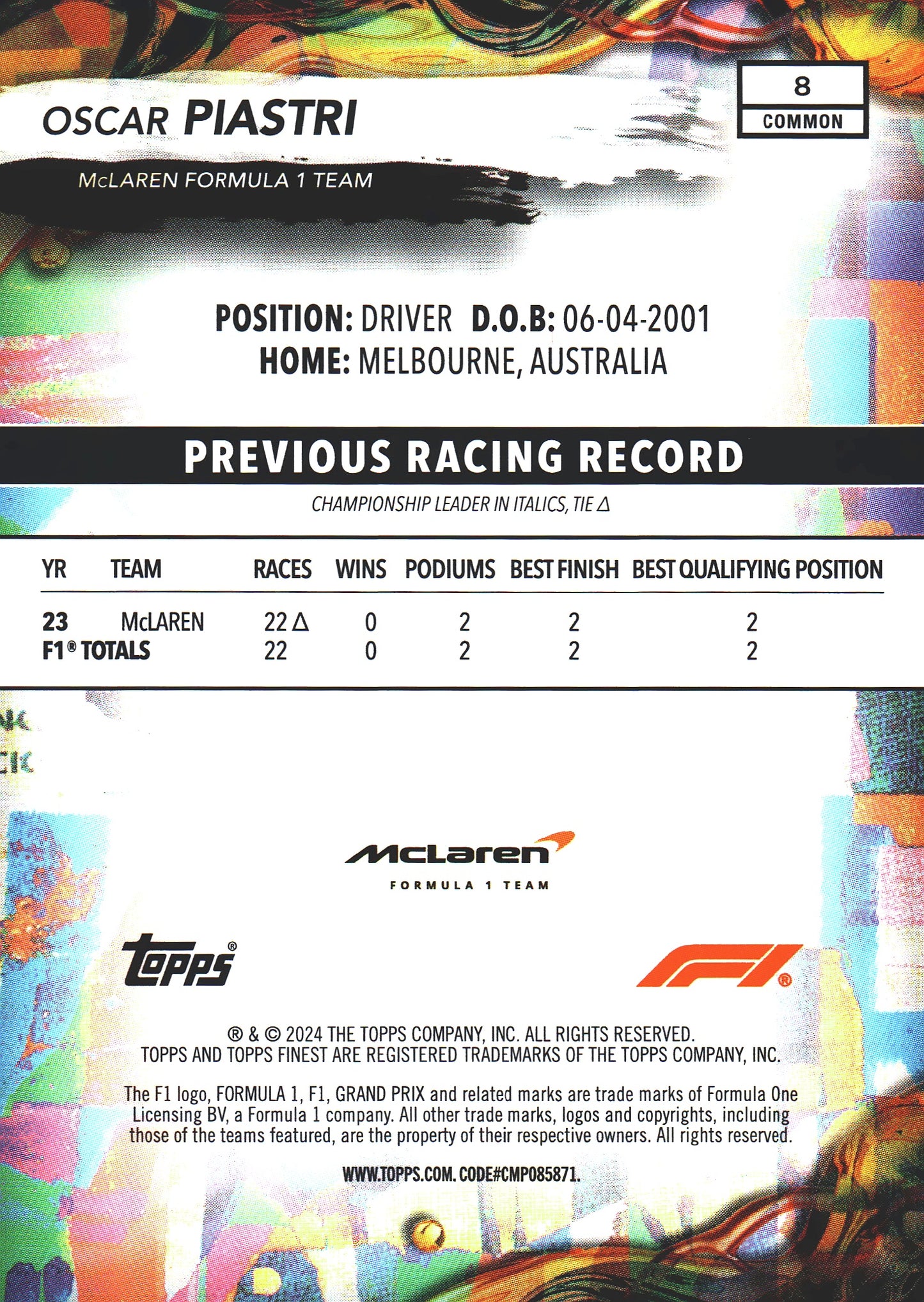 2024 Topps Finest Formula 1 Oscar Piastri #8 McLaren