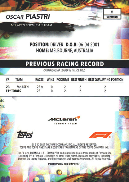 2024 Topps Finest Formula 1 Oscar Piastri #8 McLaren