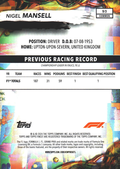 2024 Topps Finest Formula 1 Nigel Mansell #93 Williams