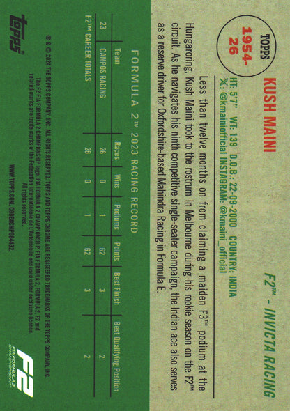 2024 Topps Chrome Formula 1 Logofractor Kush Maini Orange /25 #1954-26 Invicta