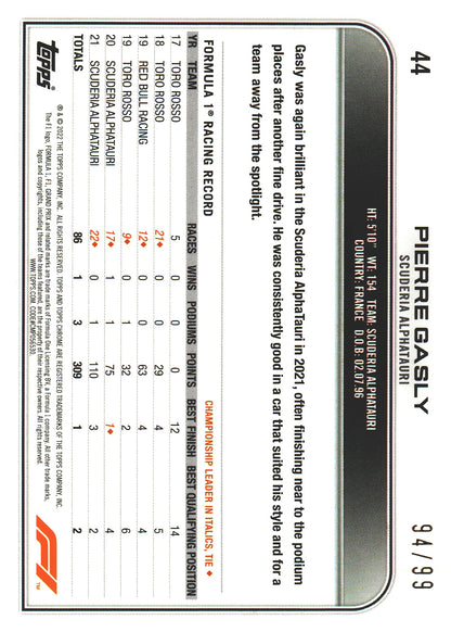 2022 Topps Chrome Sapphire Formula 1 Pierre Gasly Aqua /99 #44 AlphaTauri