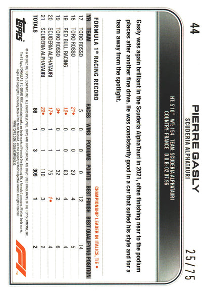 2022 Topps Chrome Sapphire Formula 1 Pierre Gasly Green /75 #44 AlphaTauri