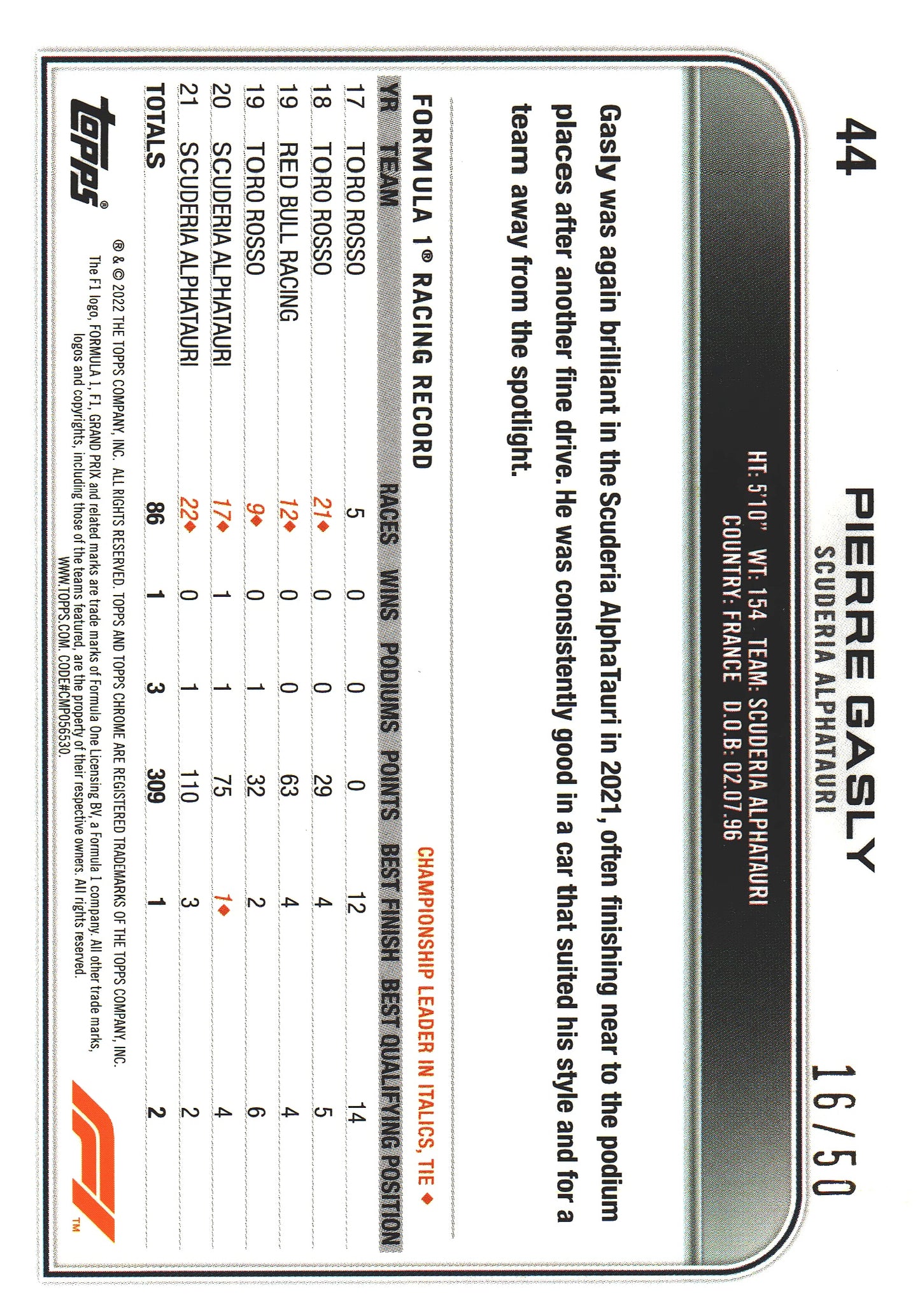 2022 Topps Chrome Sapphire Formula 1 Pierre Gasly Gold /50 #44 AlphaTauri