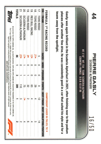 2022 Topps Chrome Sapphire Formula 1 Pierre Gasly Gold /50 #44 AlphaTauri