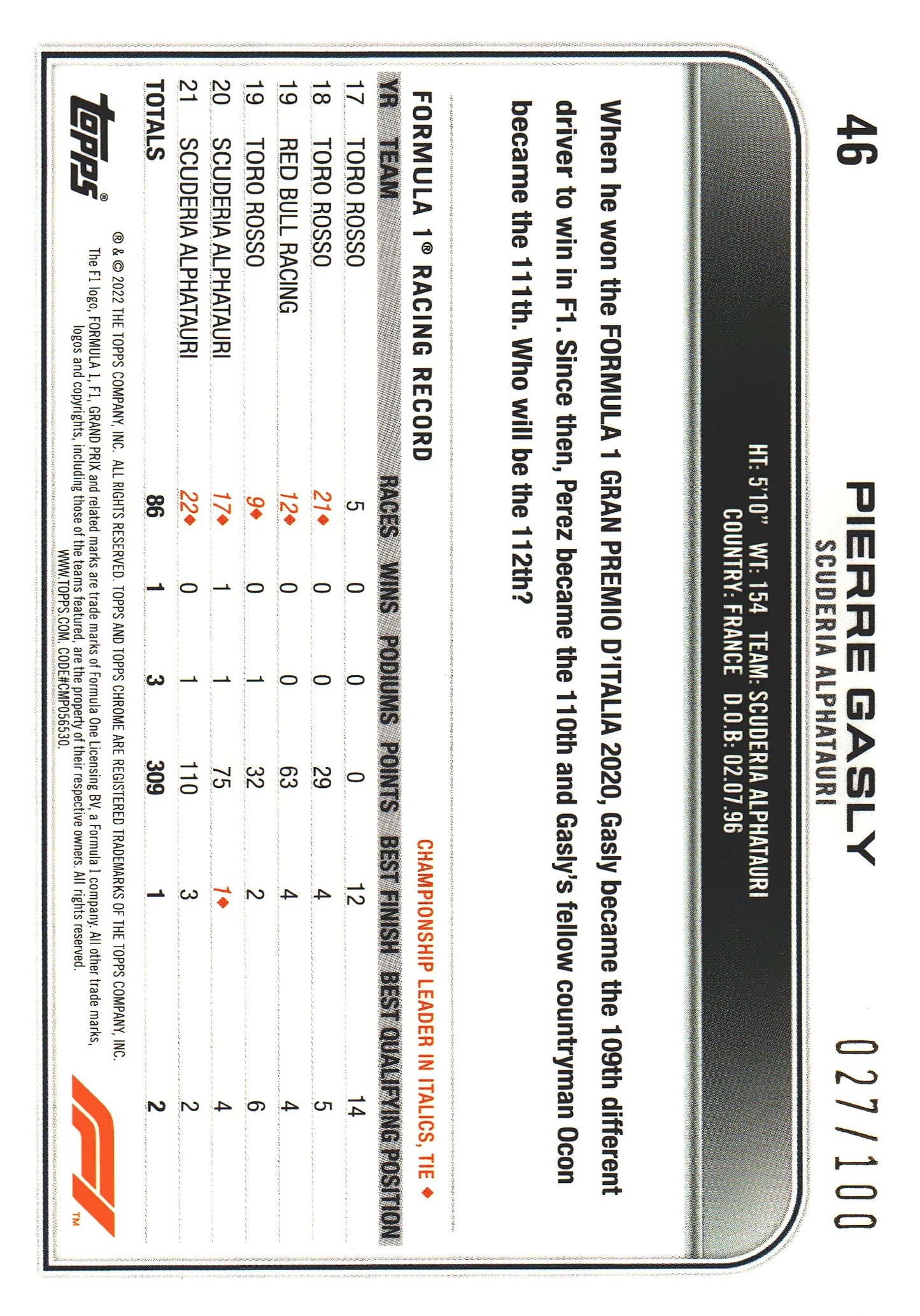 2022 Topps Chrome Sapphire Formula 1 Pierre Gasly Sepia /100 #46 AlphaTauri