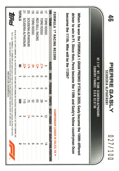 2022 Topps Chrome Sapphire Formula 1 Pierre Gasly Sepia /100 #46 AlphaTauri