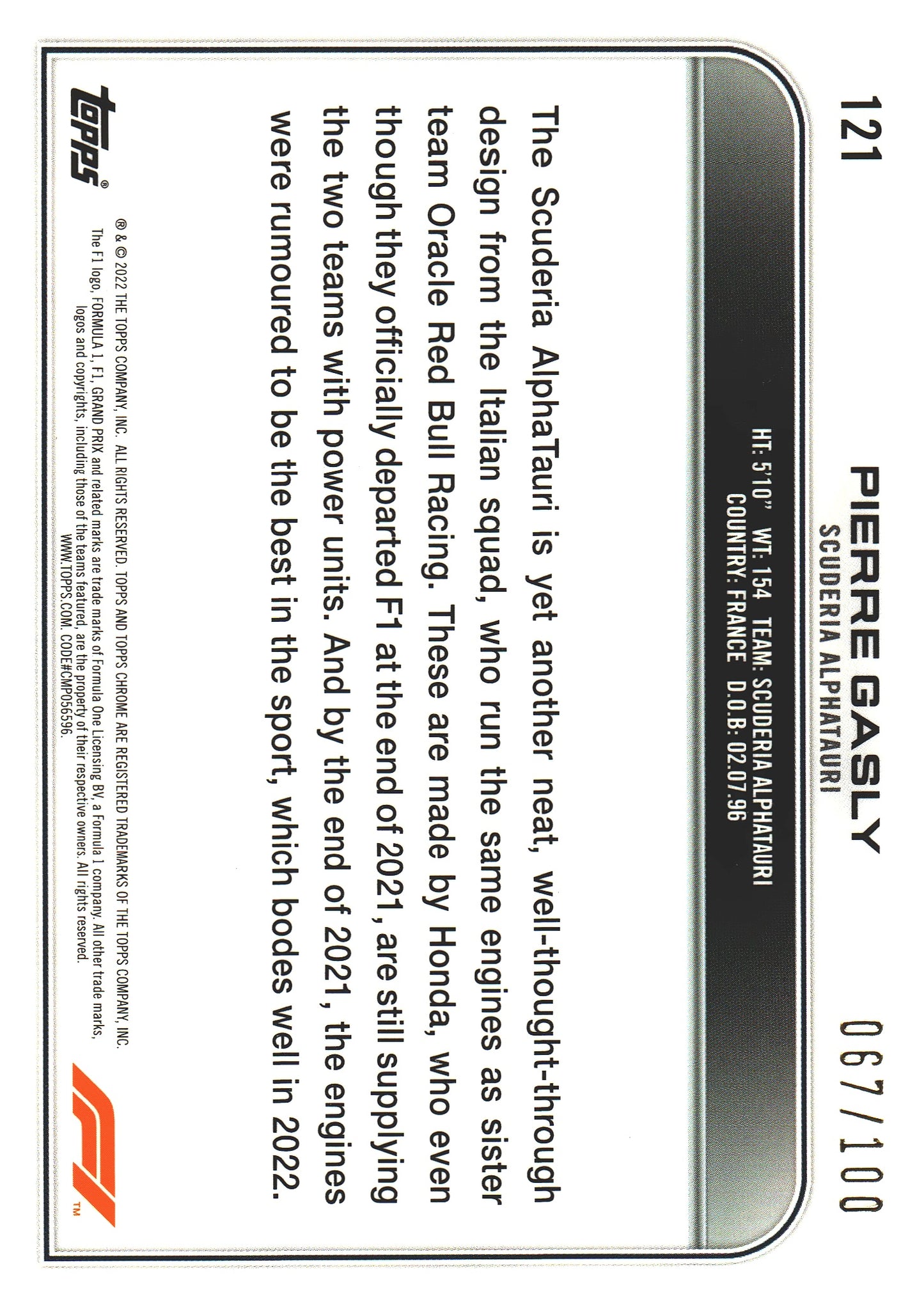 2022 Topps Chrome Sapphire Formula 1 Pierre Gasly Sepia /100 #121 AlphaTauri