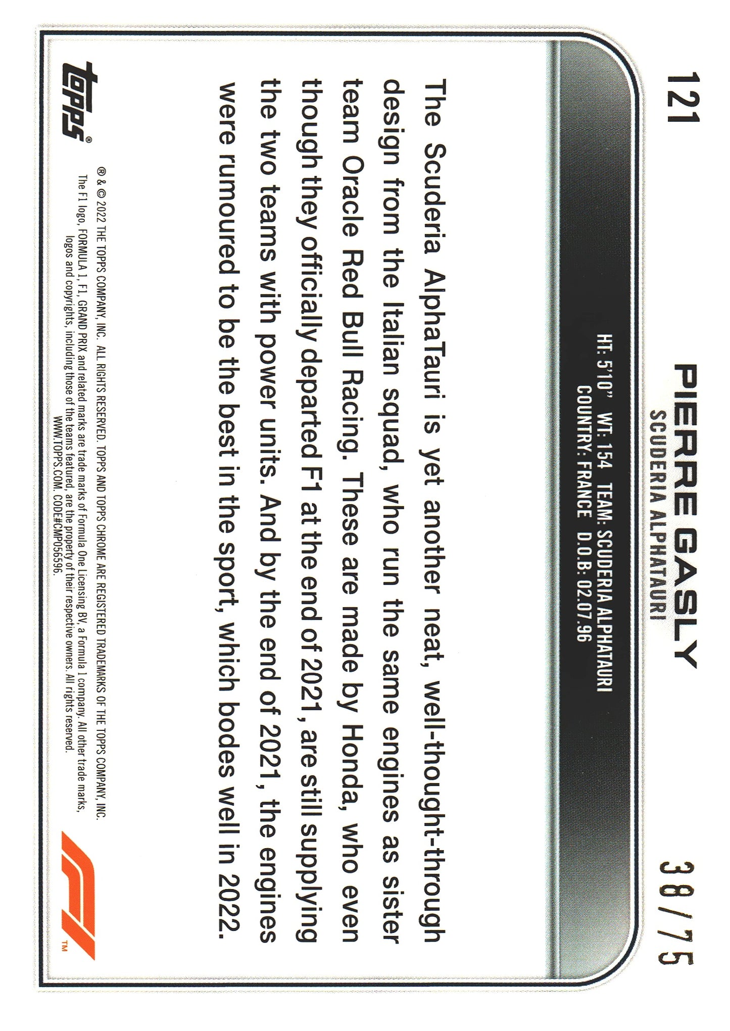 2022 Topps Chrome Sapphire Formula 1 Pierre Gasly Green /75 #121 AlphaTauri