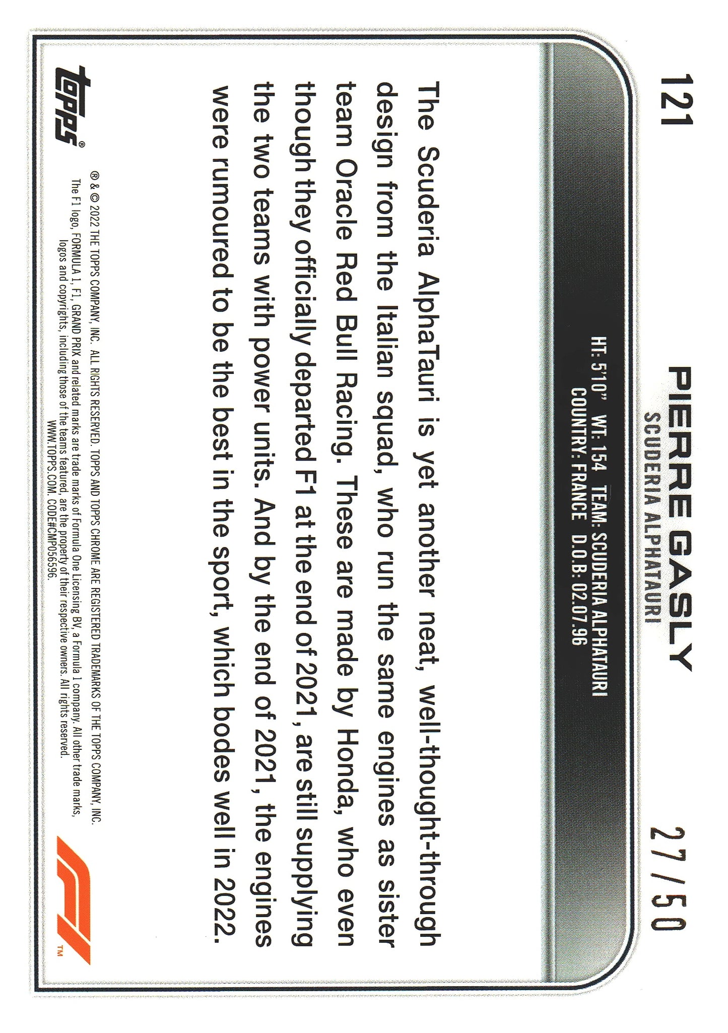 2022 Topps Chrome Sapphire Formula 1 Pierre Gasly Gold /50 #121 AlphaTauri