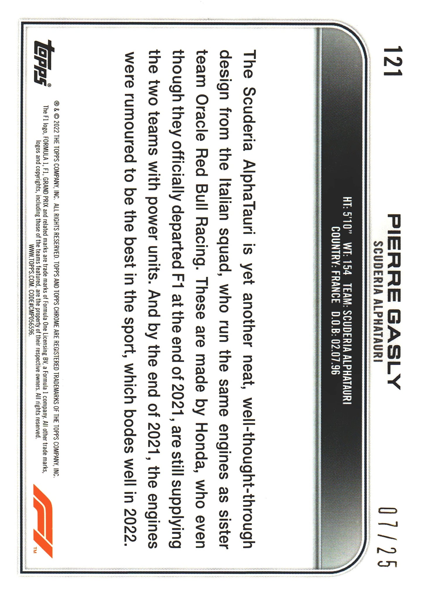 2022 Topps Chrome Sapphire Formula 1 Pierre Gasly Orange /25 #121 AlphaTauri