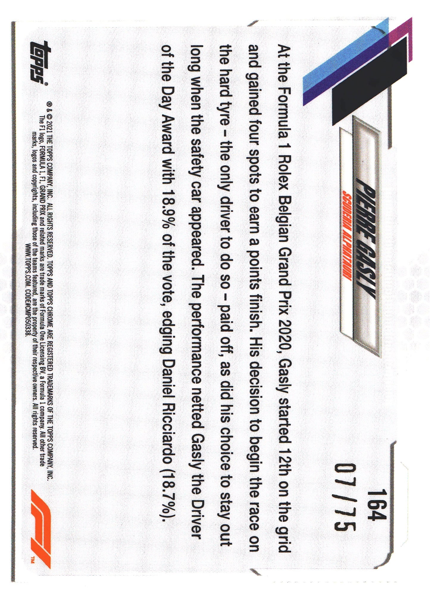 2021 Topps Chrome Sapphire Formula 1 Pierre Gasly Green /75 #164 AlphaTauri