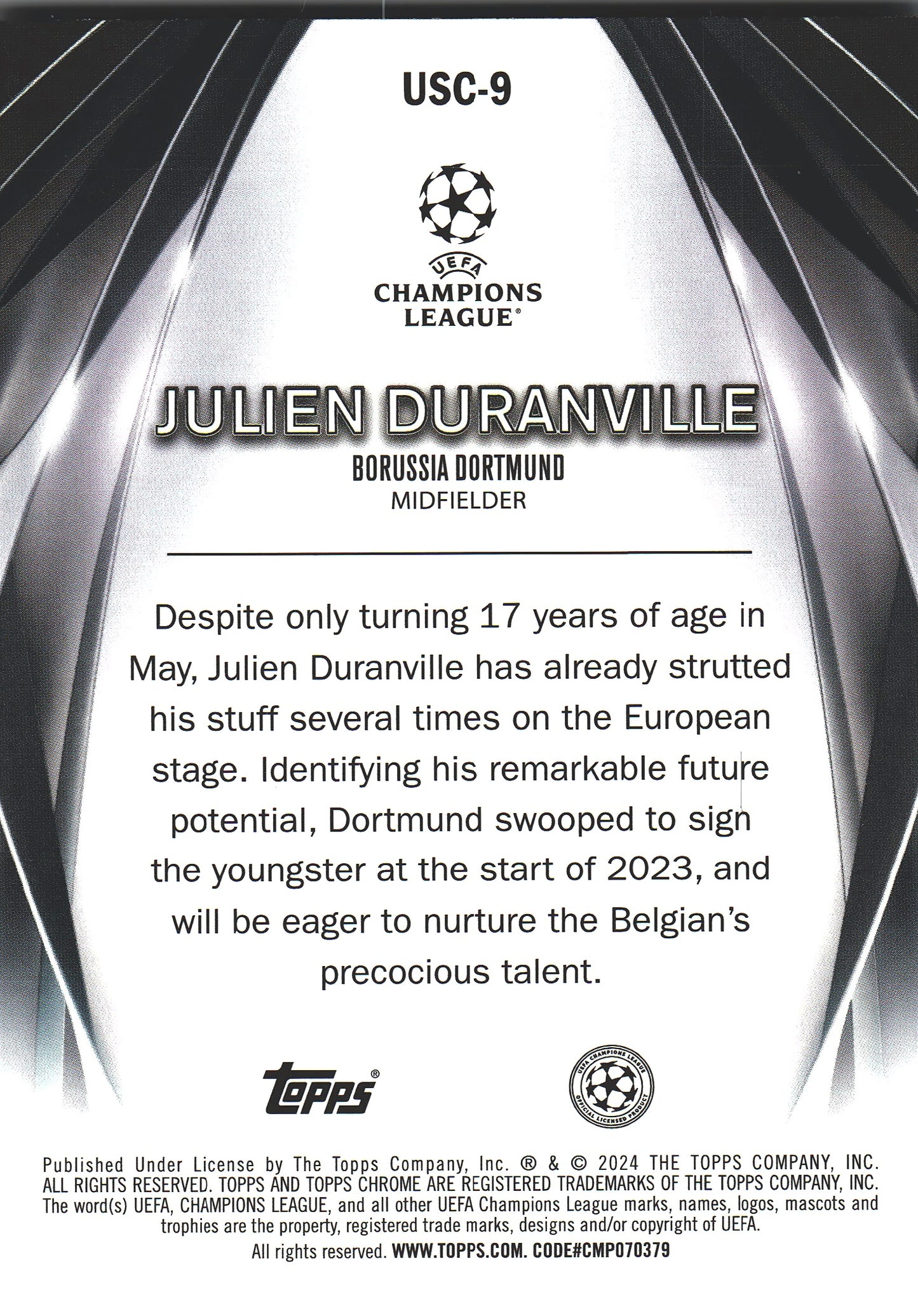 2023 Topps UCC Ultimate Stage Chrome Julien Duranville #USC-9 Borussia Dortmund