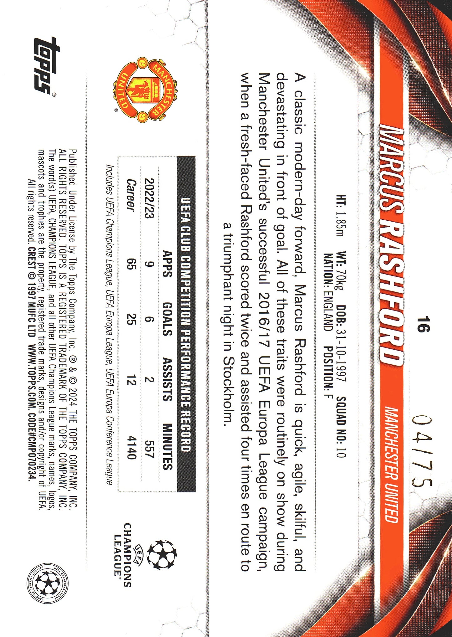 2023 Topps UCC Marcus Rashford Icy Blue Foil /75 #6 Manchester United