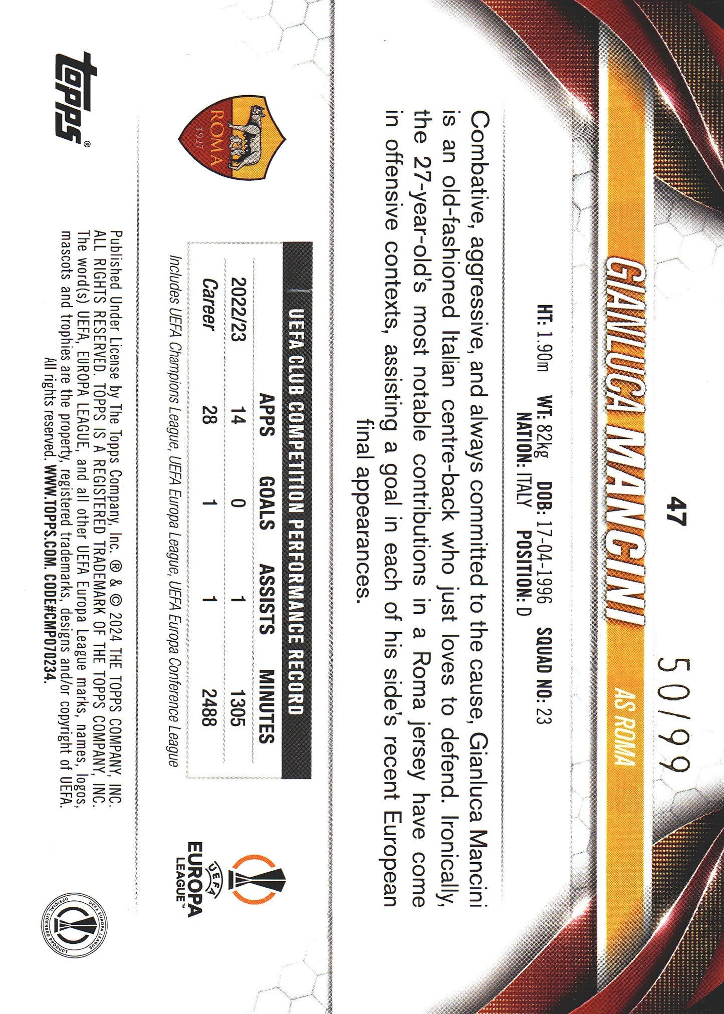 2023 Topps UCC Gianluca Mancini Green Foil /99 #47 AS Roma