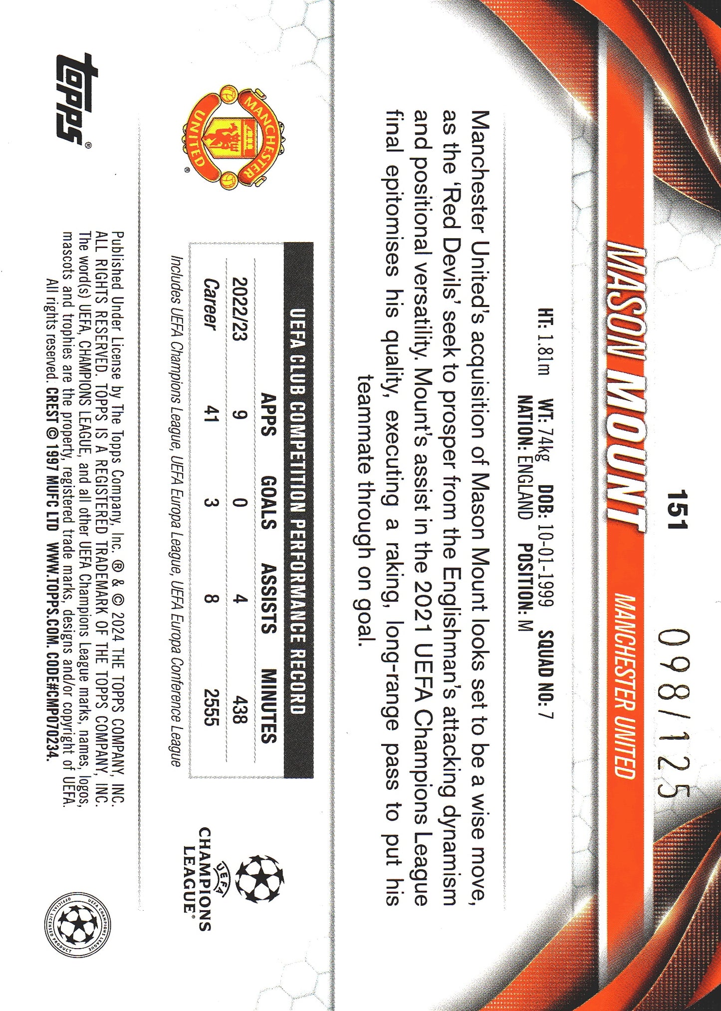 2023 Topps UCC Mason Mount Blue Inferno Foil /125 #151 Manchester United