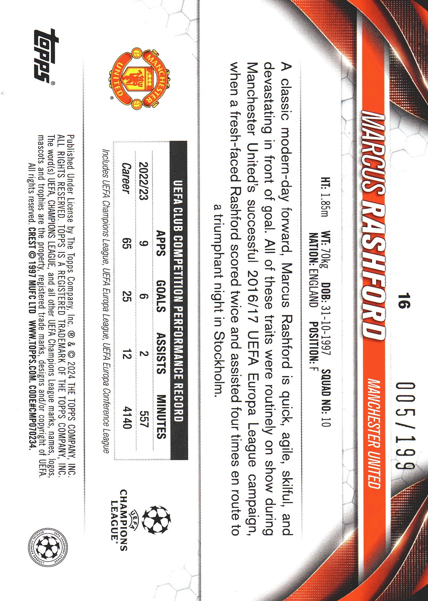 2023 Topps UCC Marcus Rashford Neon Green Foil /199 #6 Manchester United