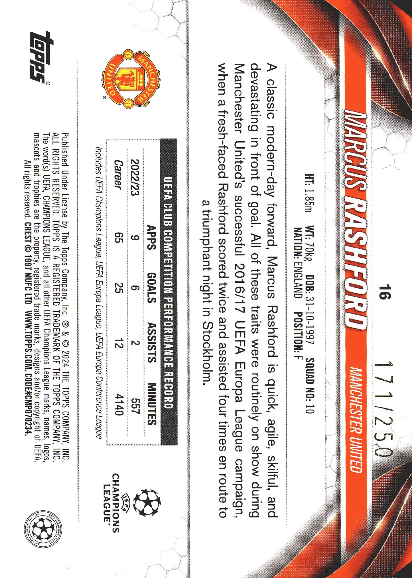 2023 Topps UCC Marcus Rashford Navy Blue Foil /250 #6 Manchester United