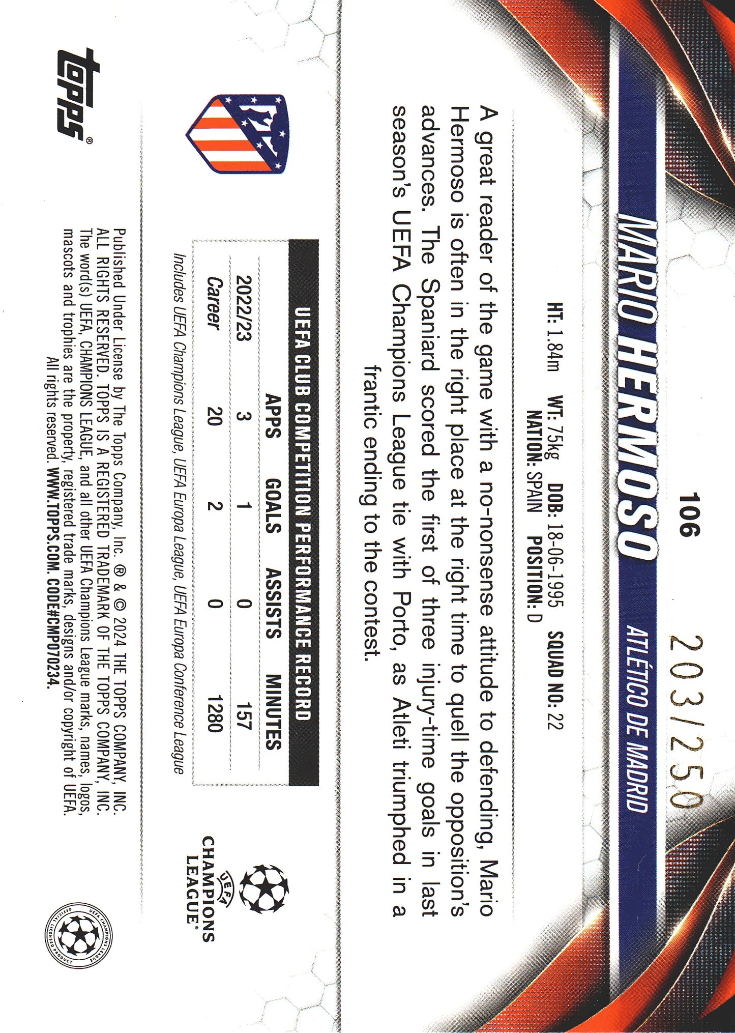 2023 Topps UCC Mario Hermoso Navy Blue Foil /250 #106 Atletico Madrid