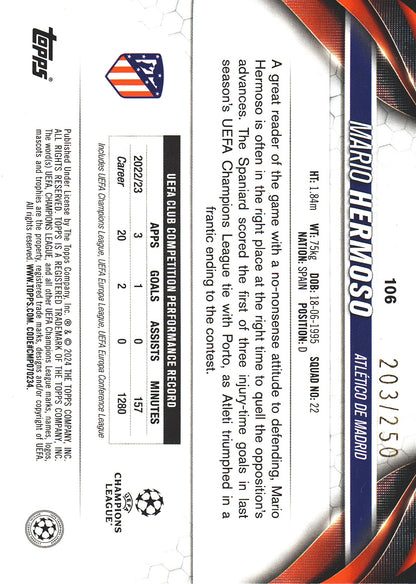 2023 Topps UCC Mario Hermoso Navy Blue Foil /250 #106 Atletico Madrid
